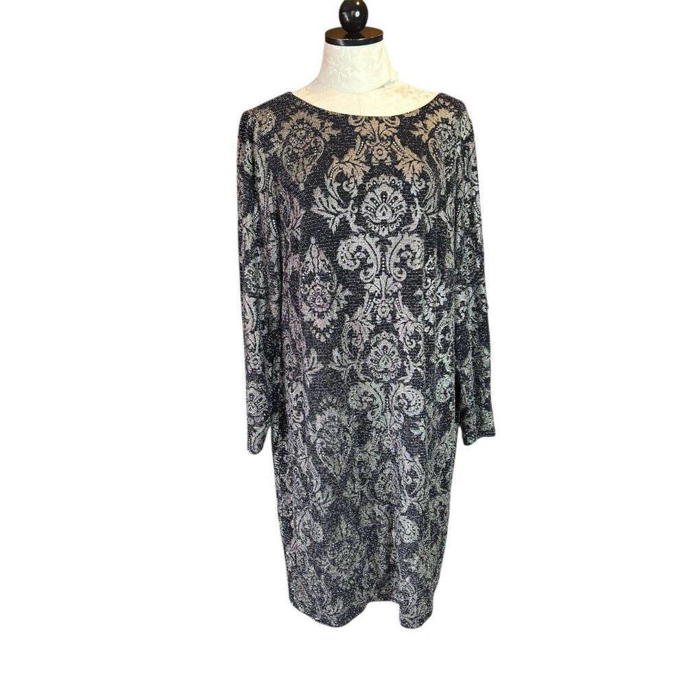 Eliza J Black & Silver Metallic Paisley Stretch 3/4 Sleeves Dress 16‎ W Plus